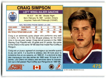 1991-92 Score Canadian Bilingual Craig Simpson Edmonton Oilers #475