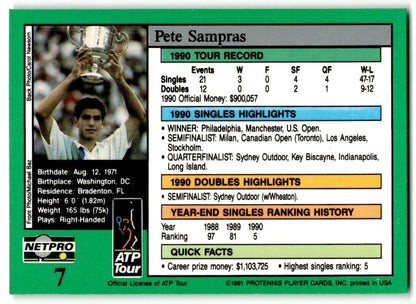 1991 Protennis player Cards Netpro Tour Star Pete Sampras Rookie #7