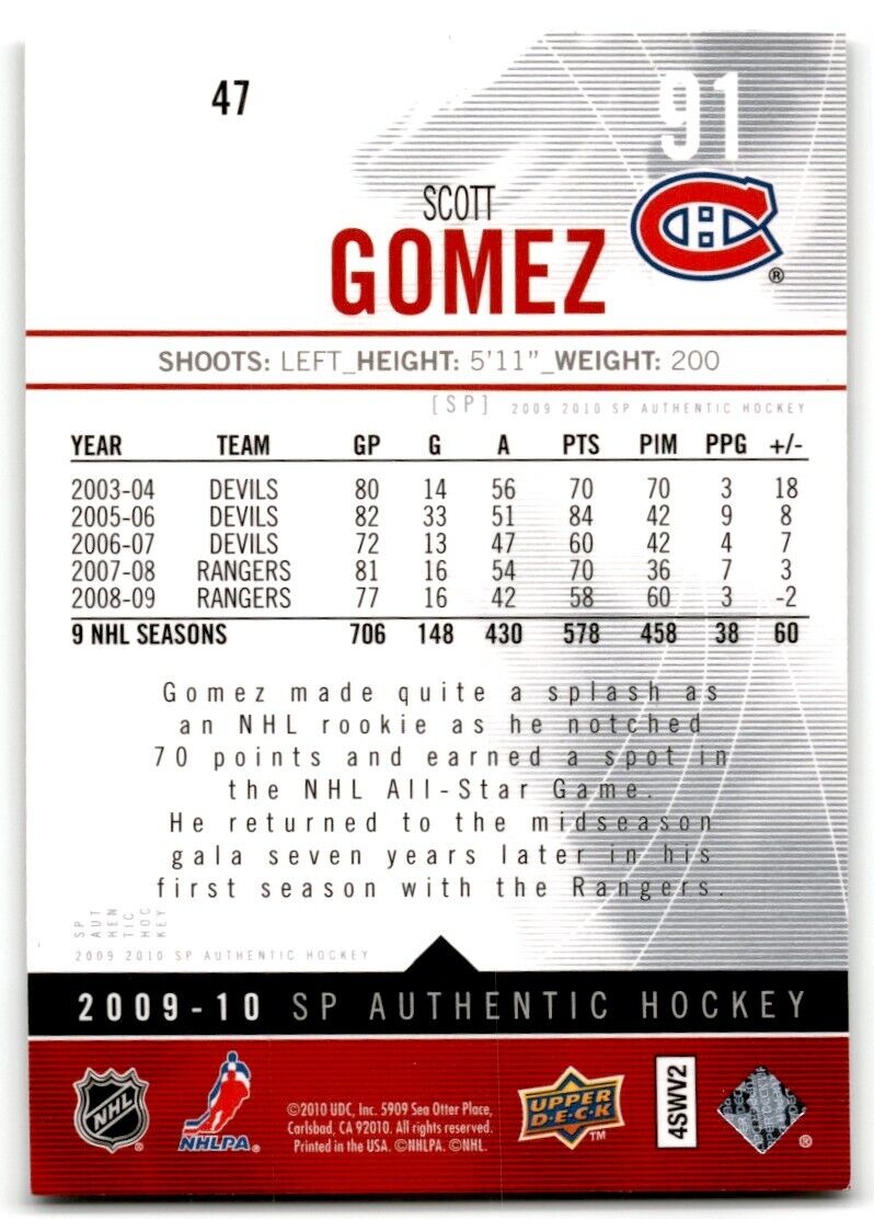 2009-10 SP Authentic Scott Gomez Montreal Canadiens #47