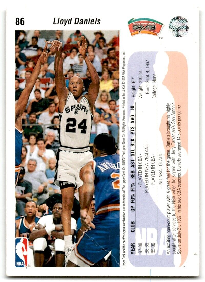 1992-93 Upper Deck Lloyd Daniels Rookie San Antonio Spurs #86