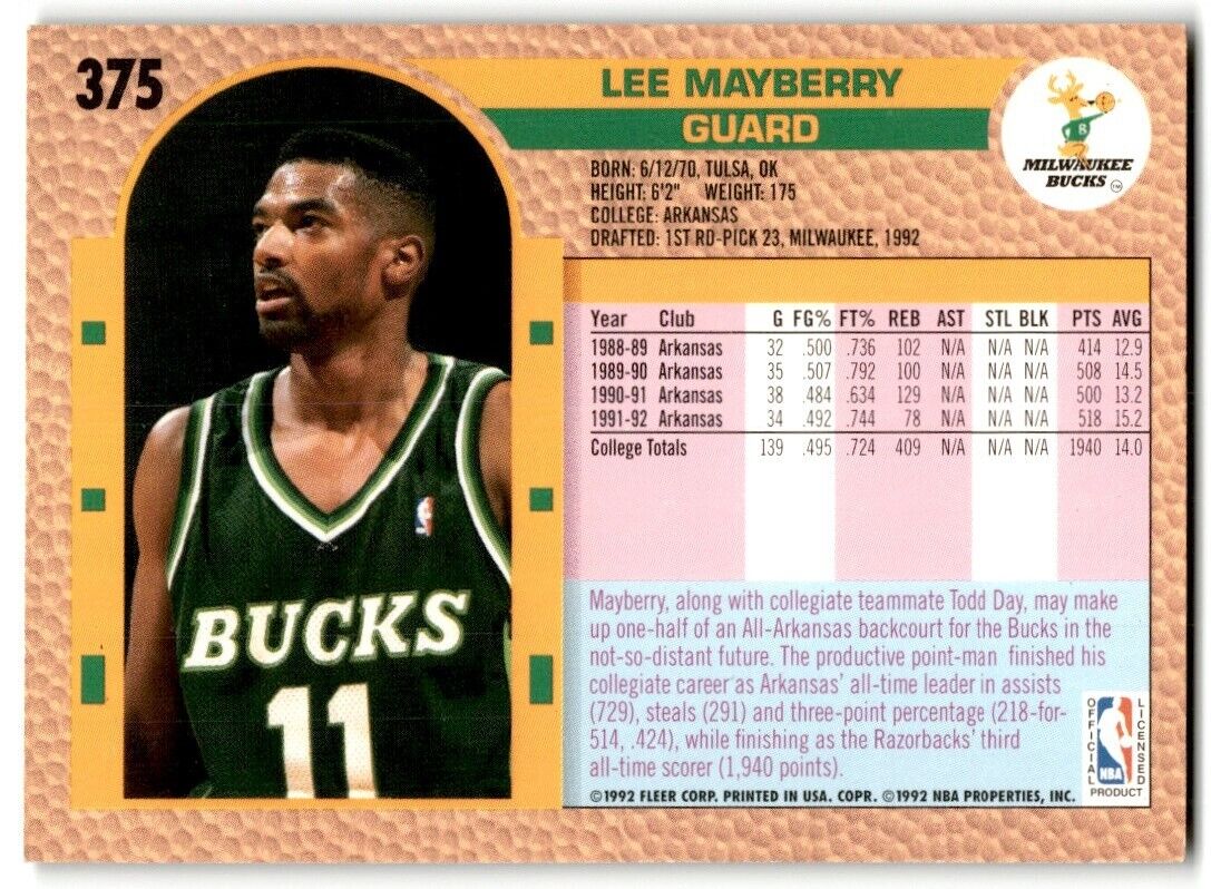 1992-93 Fleer Lee Mayberry Rookie Milwaukee Bucks #375