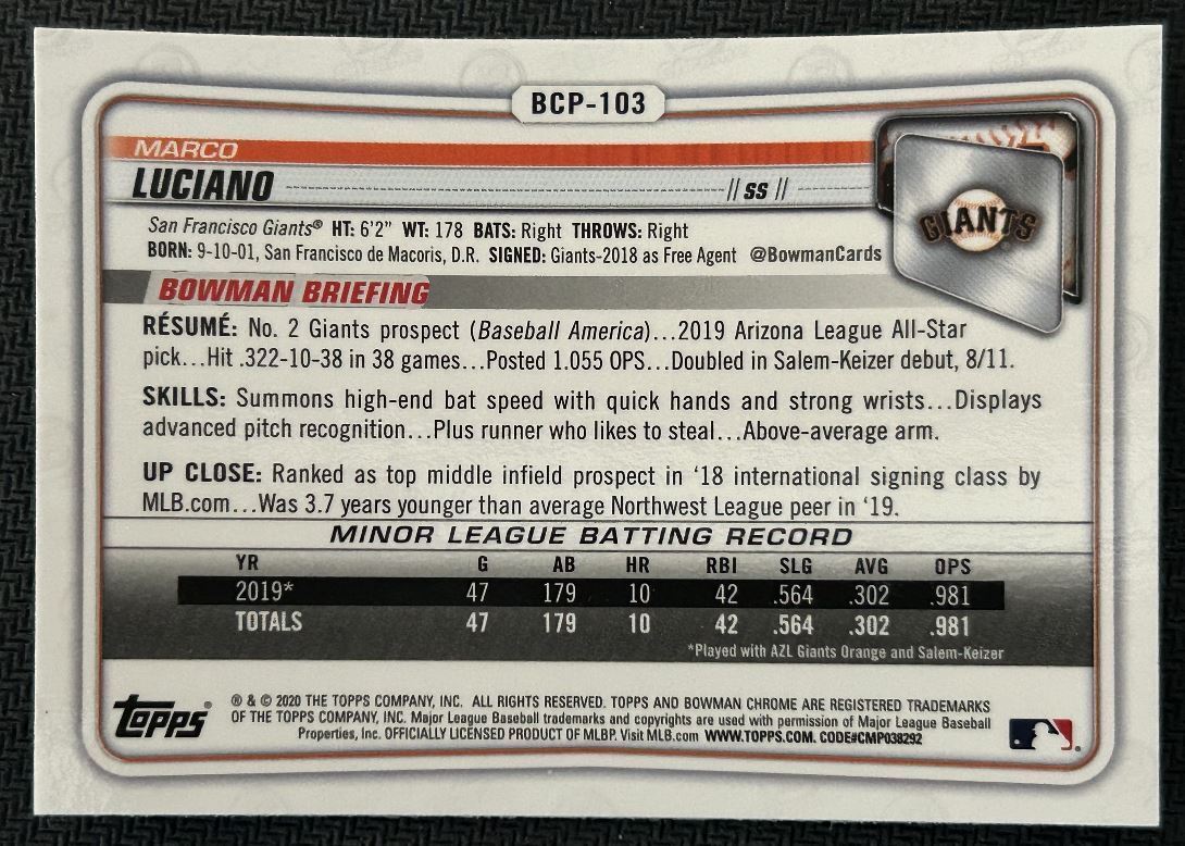 2020 Bowman Chrome Prospects Marco Luciano San Francisco Giants #BCP-103