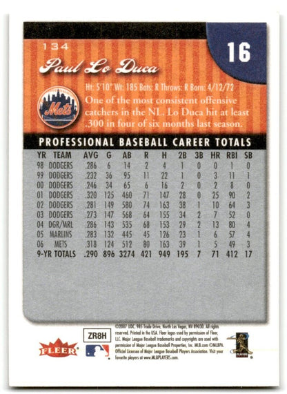 2007 Fleer Paul Lo Duca New York Mets #134