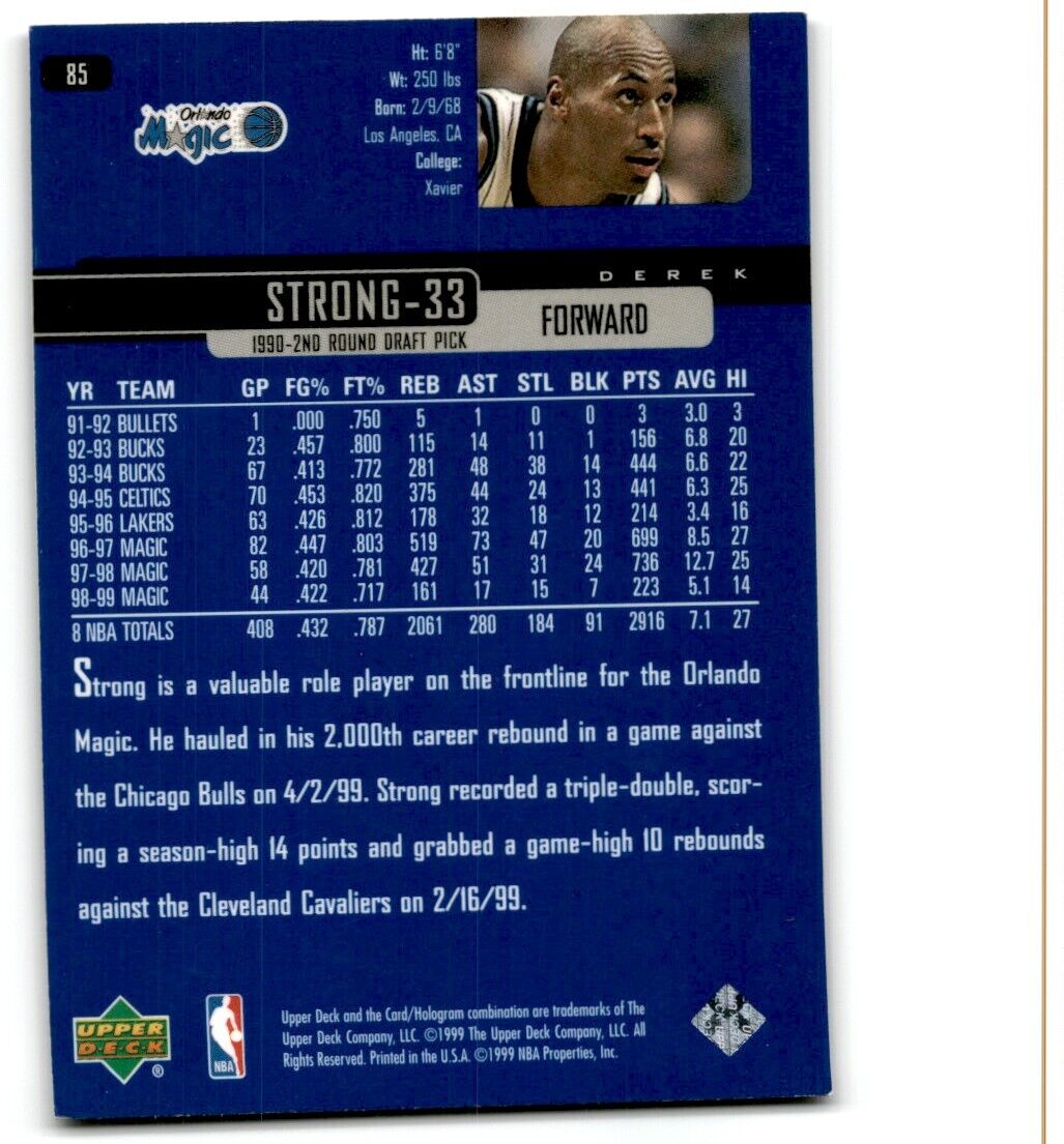 1999-00 Upper Deck Derek Strong Orlando Magic #85