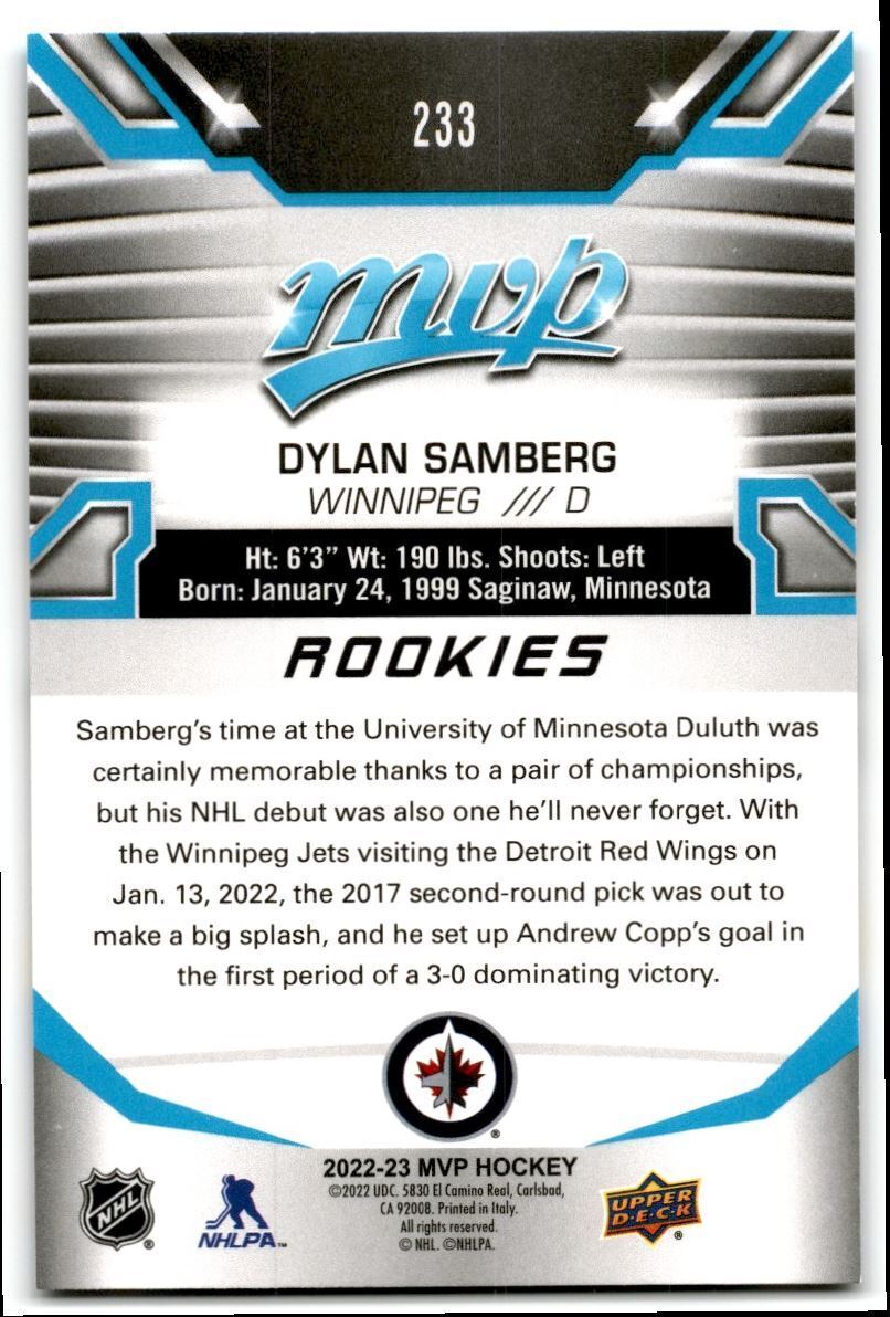 2022-23 Upper Deck MVP Dylan Samberg Rookie Winnipeg Jets #233