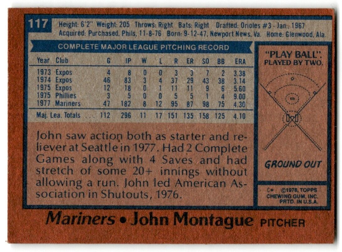 1978 Topps John Montague Seattle Mariners #117