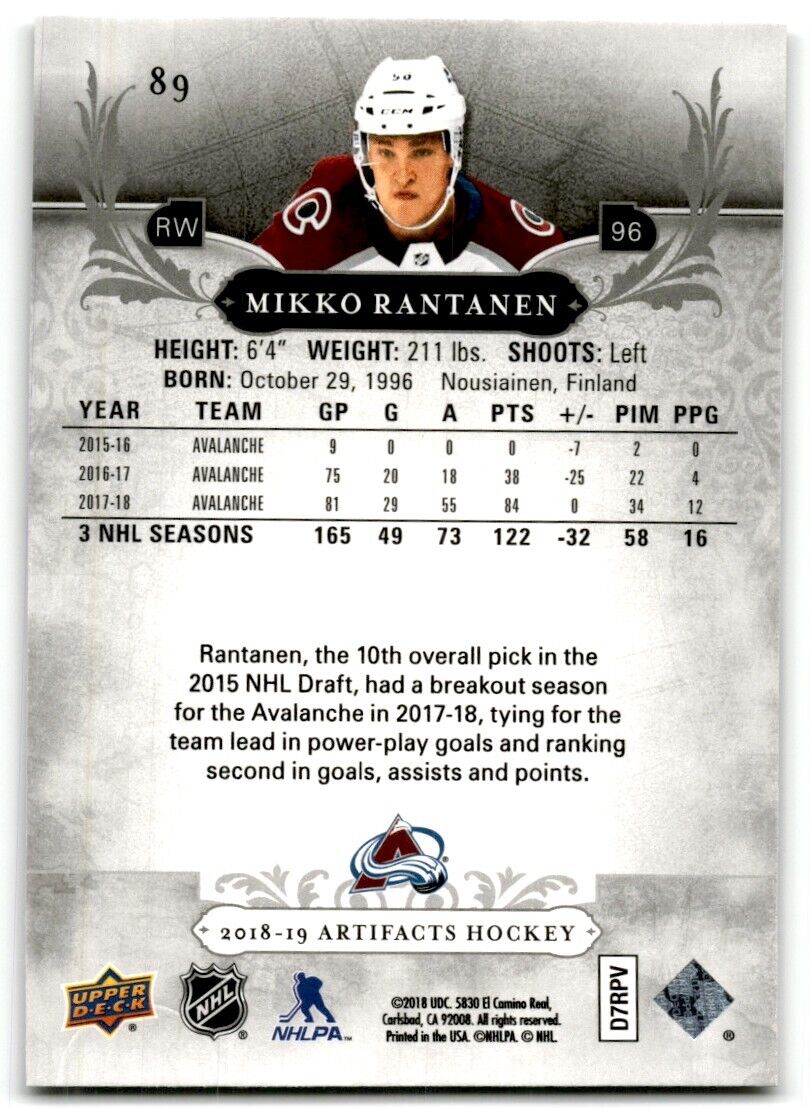 2018-19 Upper Deck Artifacts Mikko Rantanen Colorado Avalanche #89