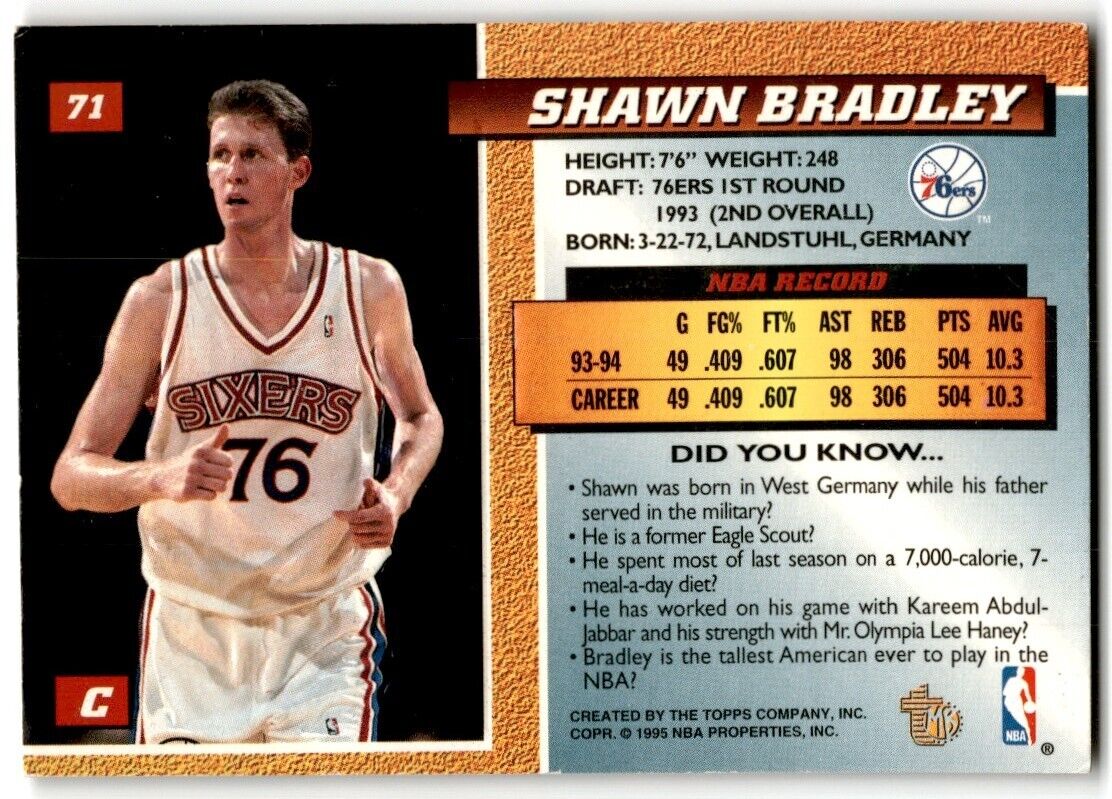 1994-95 Topps Embossed Shawn Bradley Philadelphia 76ers #71