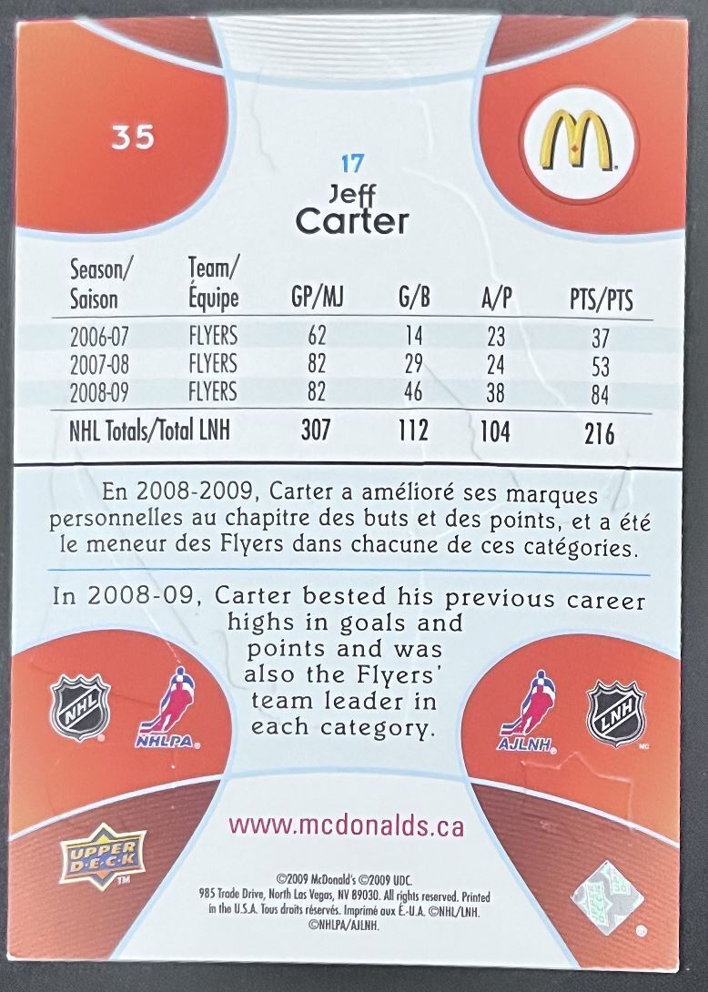 2009-10 Upper Deck McDonald's Jeff Carter Philadelphia Flyers #35