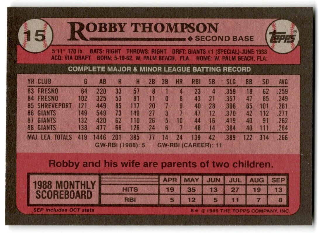 1989 Topps Robby Thompson San Francisco Giants #15