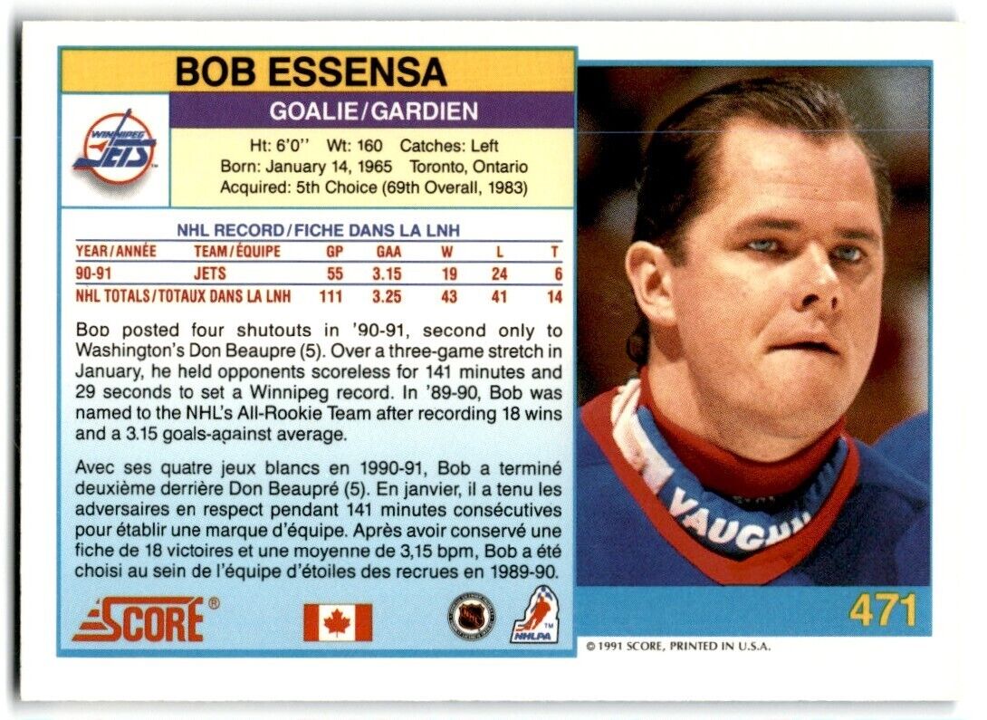 1991-92 Score Canadian English Bob Essensa Winnipeg Jets #471