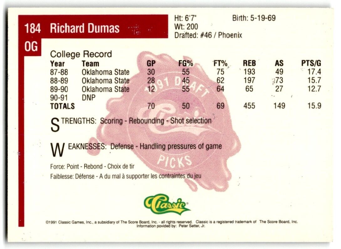 1991-92 Classic Richard Dumas Rookie Oklahoma State Cowboys #184