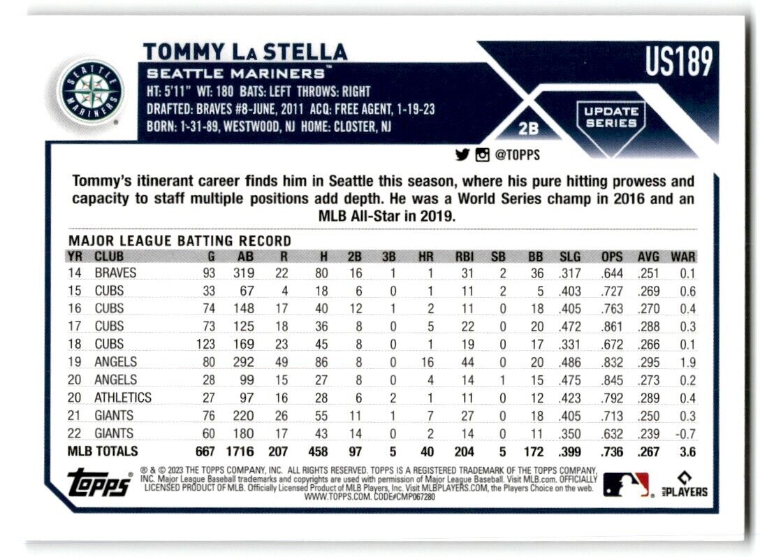 2023 Topps Update Tommy La Stella Seattle Mariners #US189