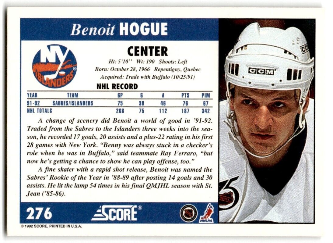 1992-93 Score Benoit Hogue New York Islanders #276