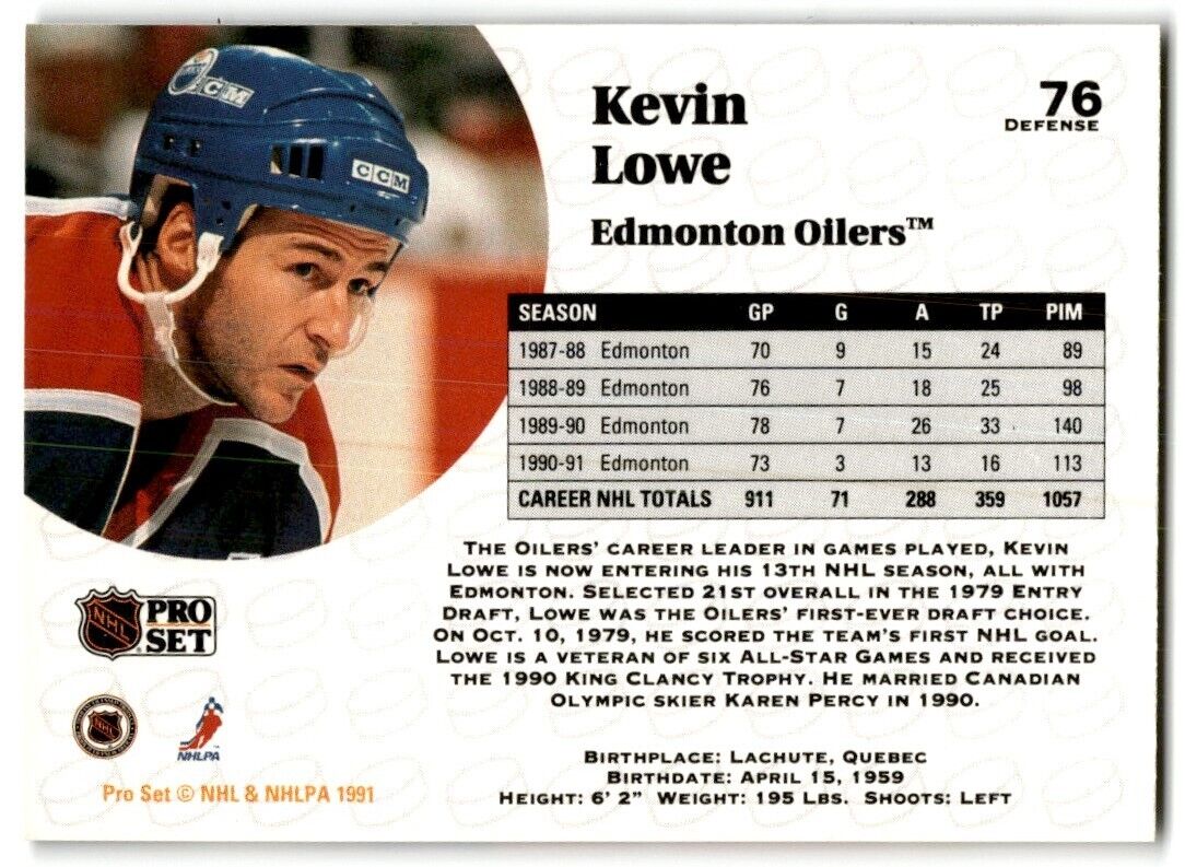 1991-92 Pro Set Kevin Lowe Edmonton Oilers #76