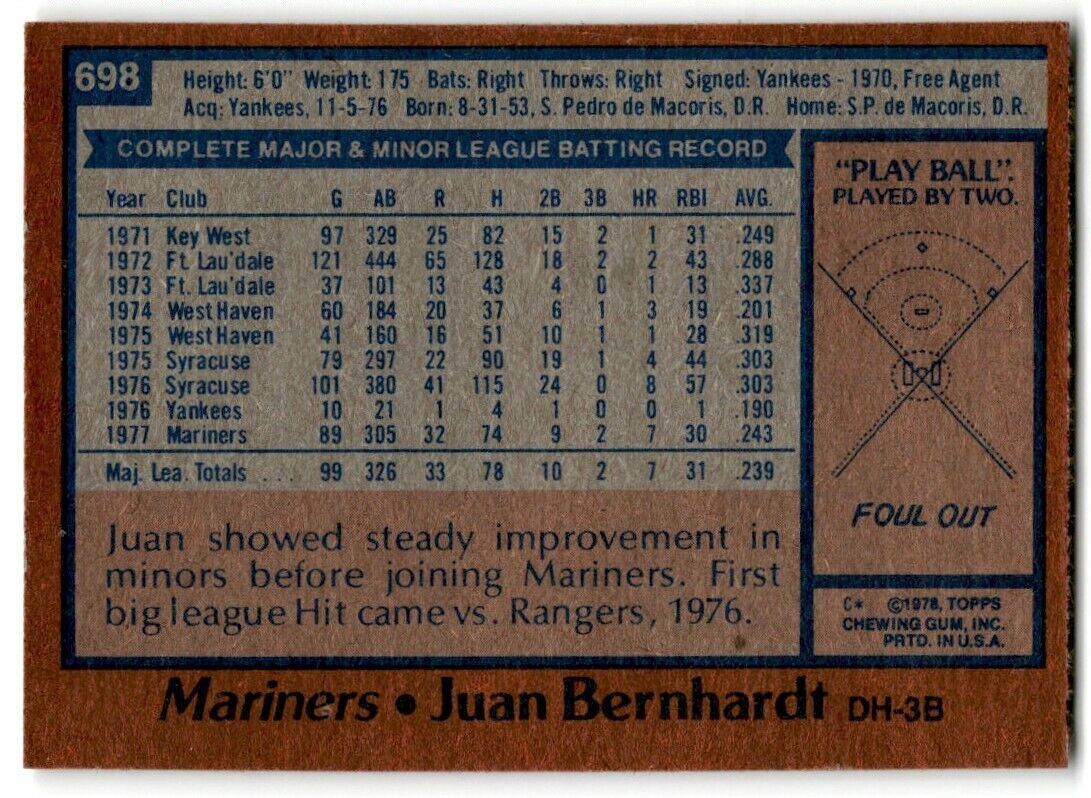 1978 Topps Juan Bernhardt Seattle Mariners #698