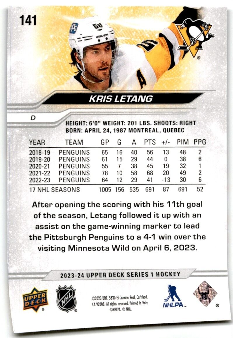 2023-24 Upper Deck Kris Letang Pittsburgh Penguins #141