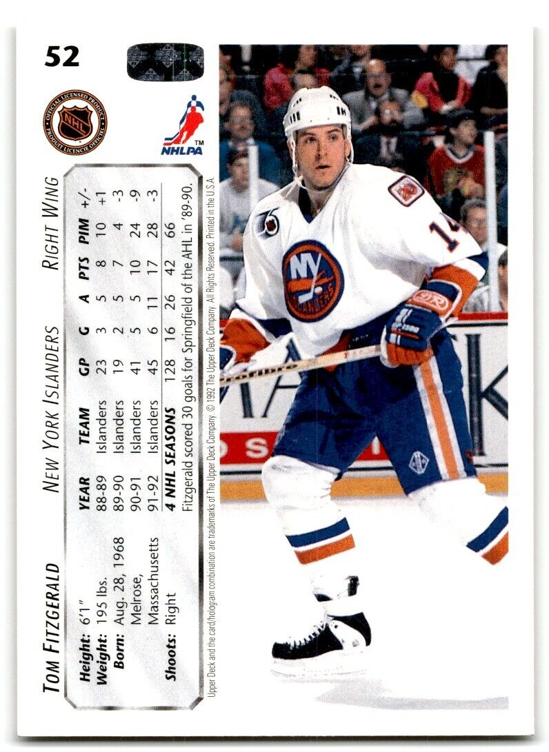 1992-93 Upper Deck Tom Fitzgerald New York Islanders #52