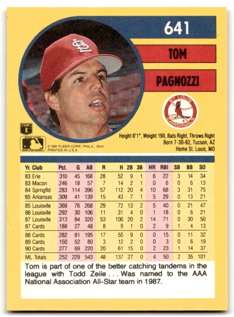 1991 Fleer Tom Pagnozzi St. Louis Cardinals #641A