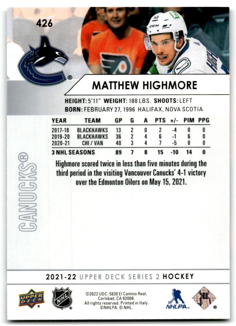 2021-22 Upper Deck Matthew Highmore Vancouver Canucks #426