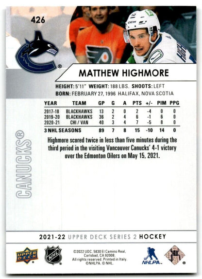 2021-22 Upper Deck Matthew Highmore Vancouver Canucks #426