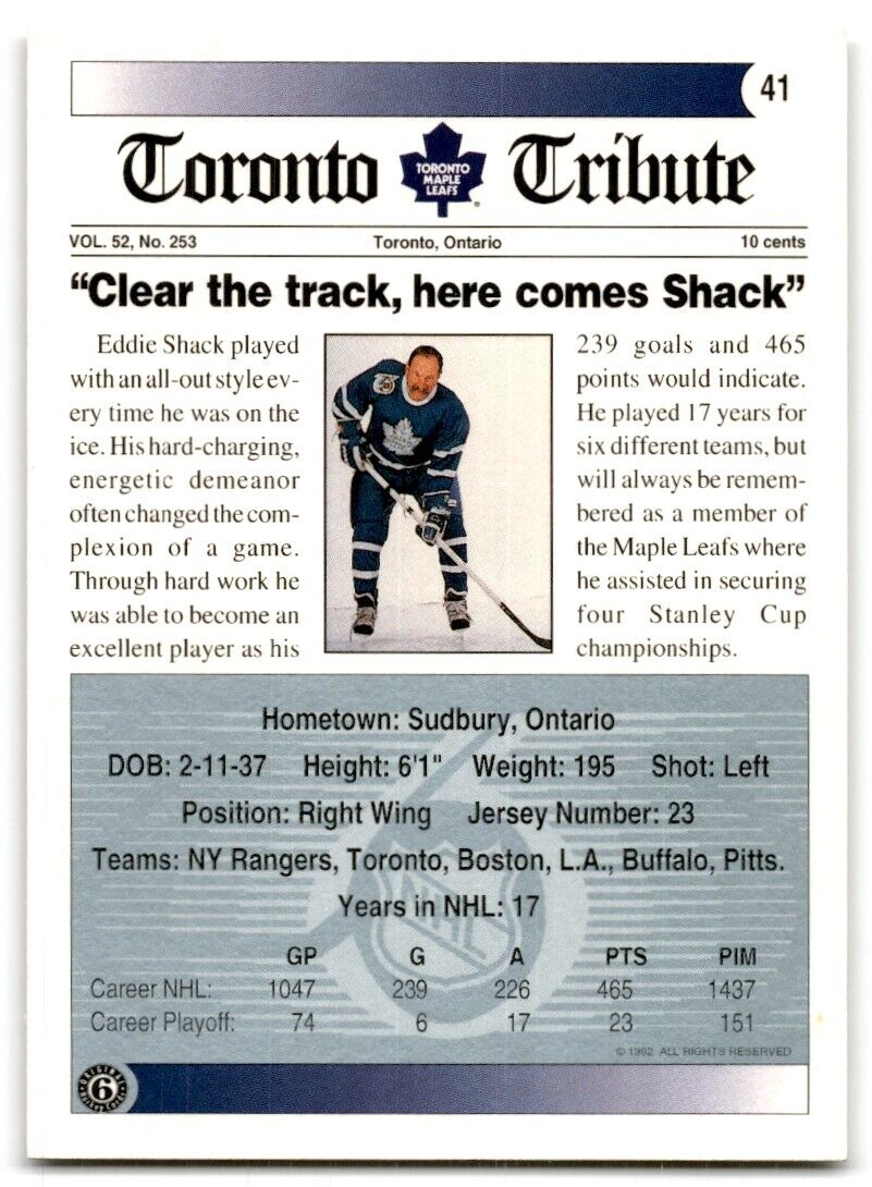 1991-92 Ultimate Original 6 French Eddie Shack Toronto Maple Leafs #41