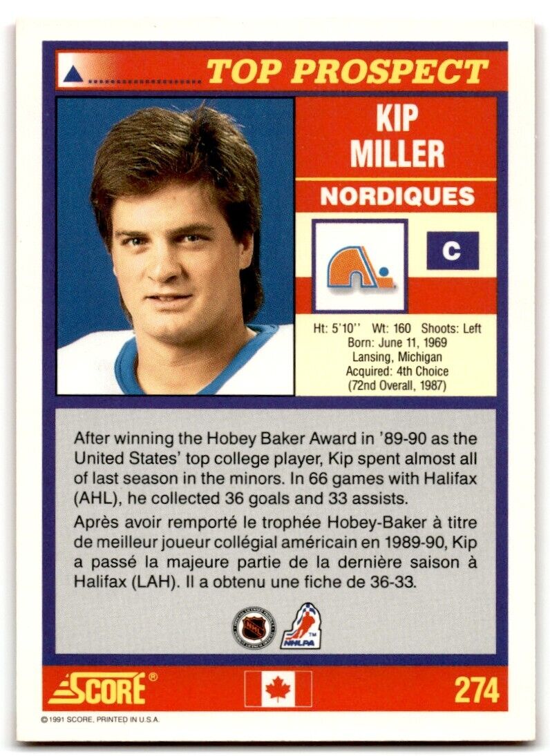 1991-92 Score Canadian Bilingual Kip Miller Quebec Nordiques #274