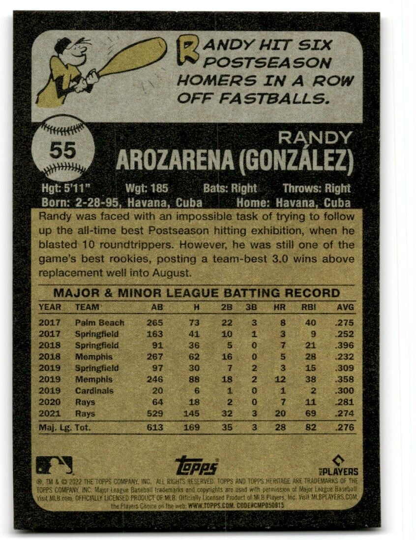 2022 Topps Heritage Randy Arozarena Tampa Bay Rays #55