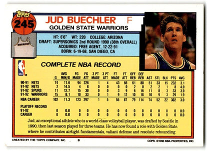 1992-93 Topps Jud Buechler Golden State Warriors #245