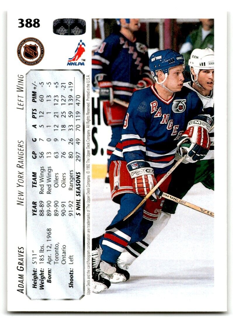 1992-93 Upper Deck Adam Graves New York Rangers #388