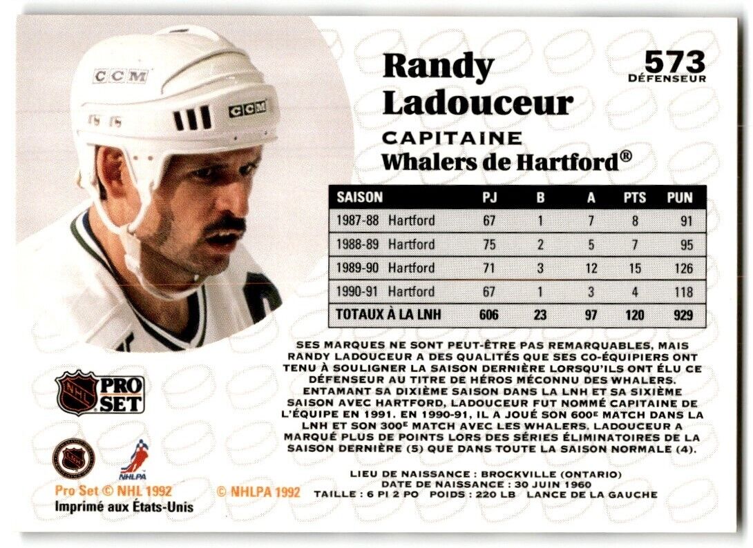 1991-92 Pro Set Randy Ladouceur Hartford Whalers #573