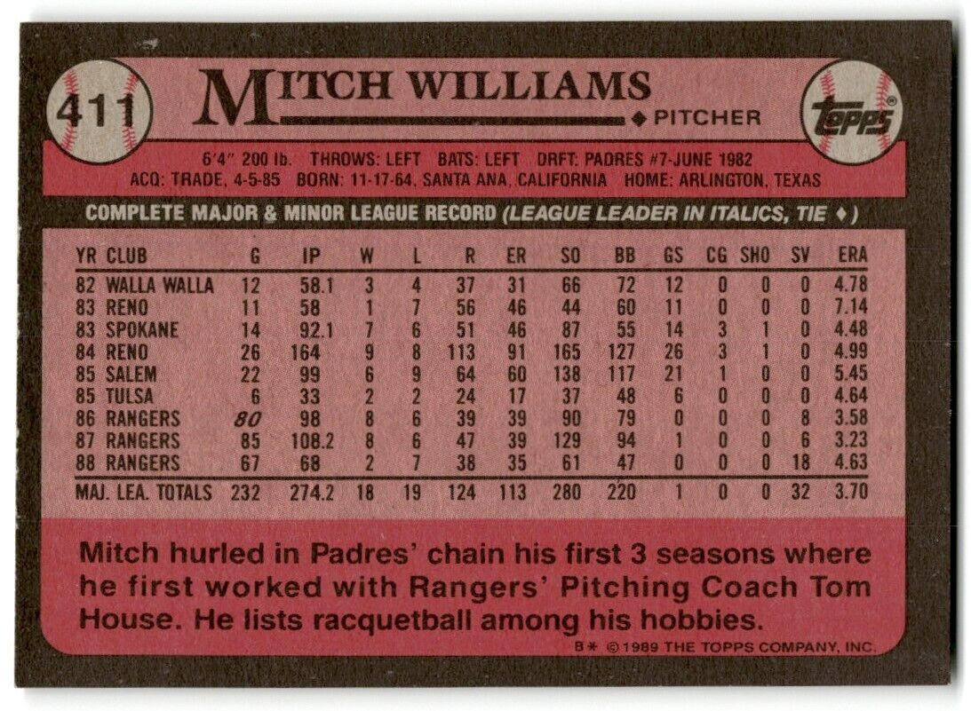 1989 Topps Mitch Williams Texas Rangers #411