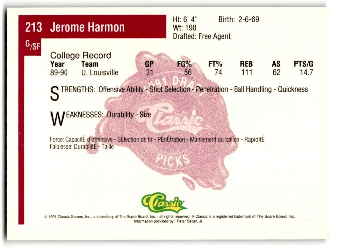 1991-92 Classic Jerome Harmon Rookie #213