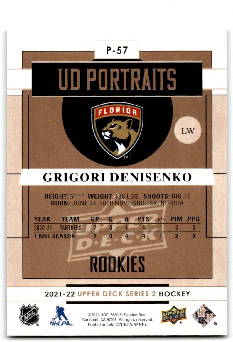 2021-22 Upper Deck UD Portraits Grigori Denisenko Florida Panthers #P-57