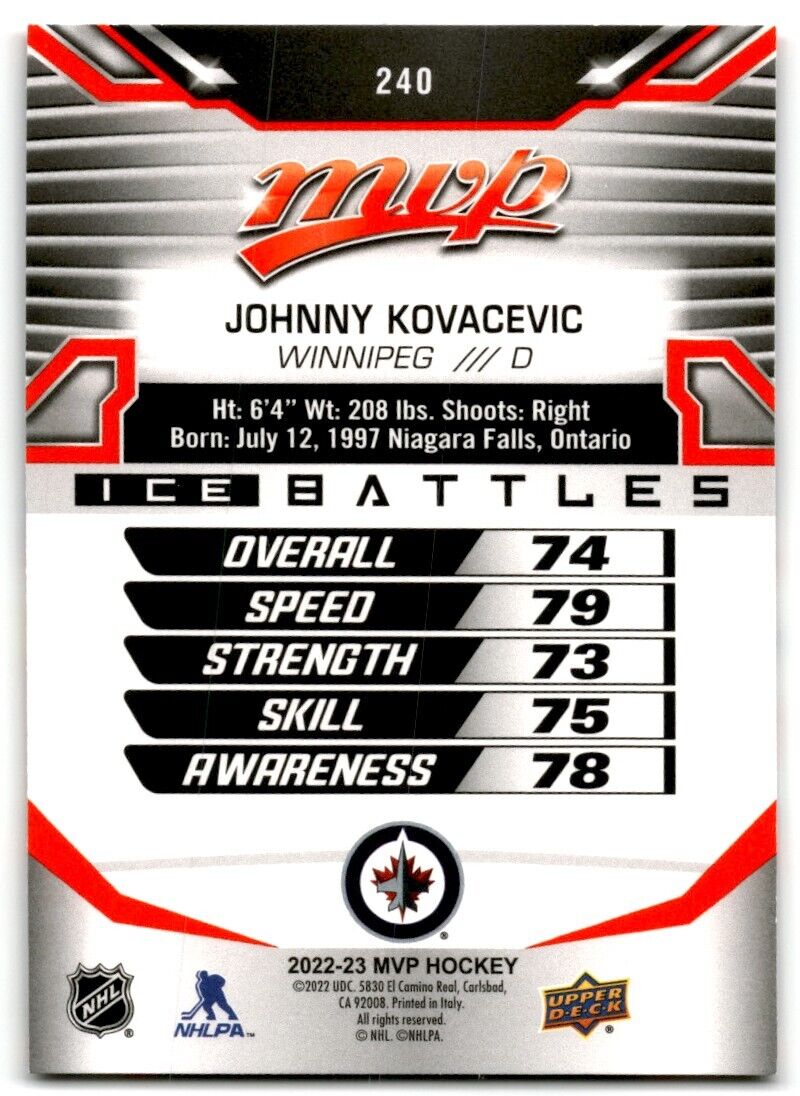 2022-23 Upper Deck MVP Ice Battles Johnny Kovacevic Rookie Winnipeg Jets #240