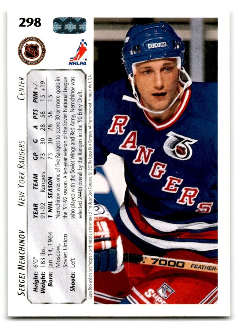 1992-93 Upper Deck Sergei Nemchinov New York Rangers #298