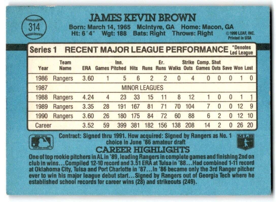 1991 Donruss Kevin Brown Texas Rangers #314