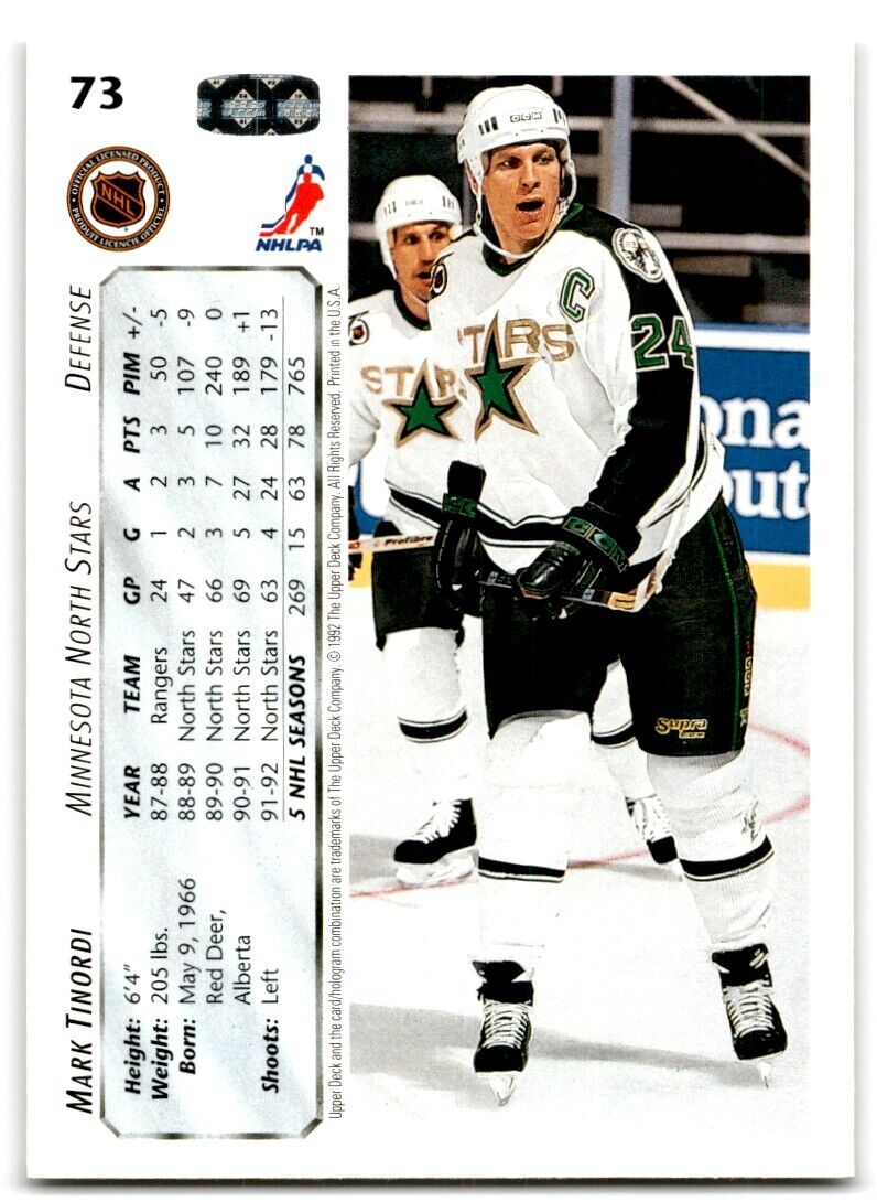 1992-93 Upper Deck Mark Tinordi Minnesota North Stars #73