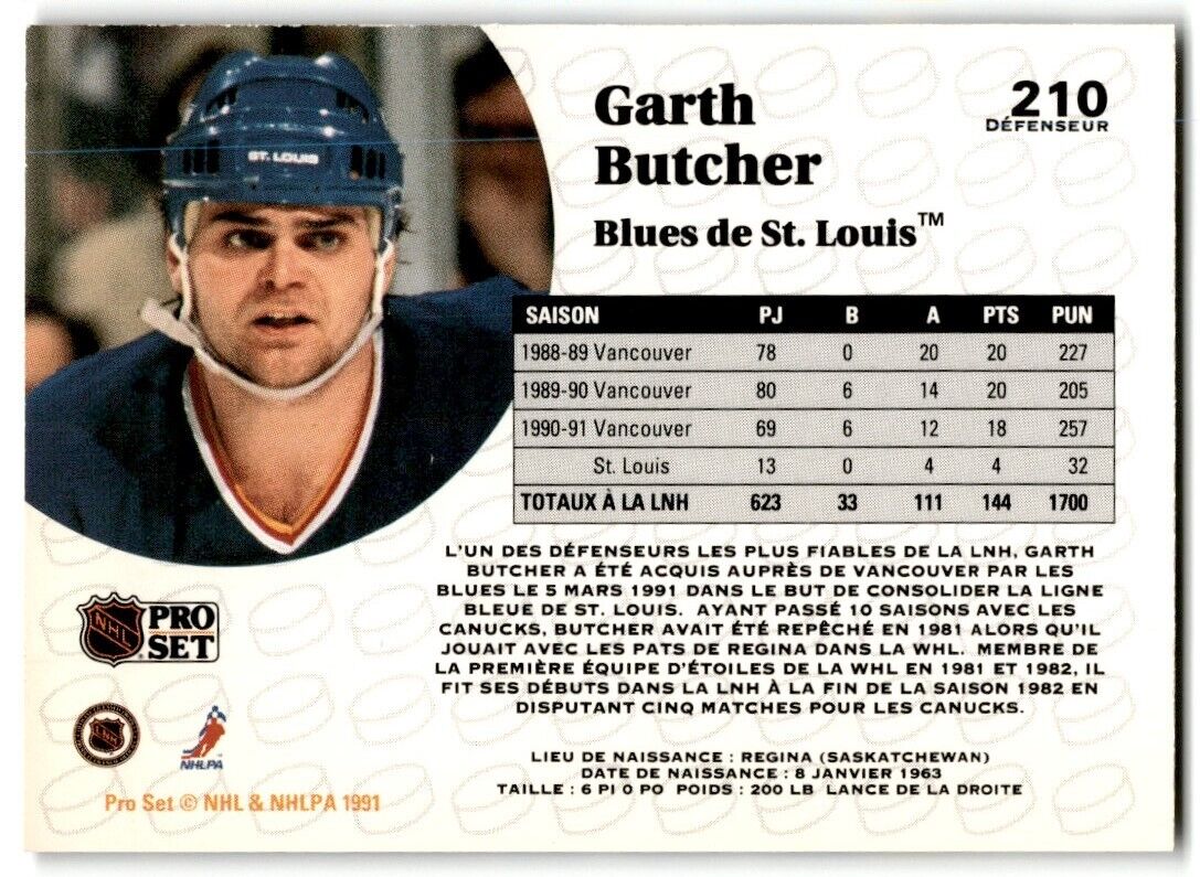 1991-92 Pro Set French Garth Butcher St. Louis Blues #210