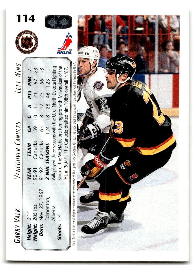 1992-93 Upper Deck Garry Valk Vancouver Canucks #114