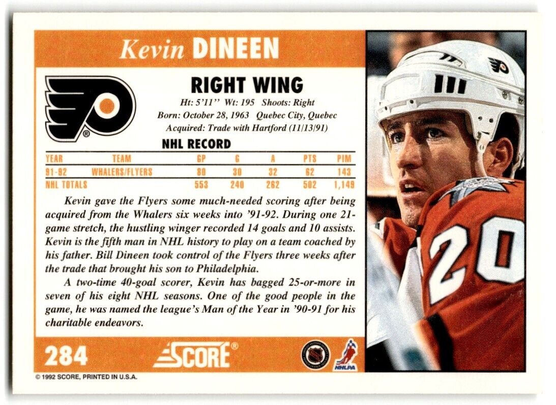 1992-93 Score Kevin Dineen Philadelphia Flyers #284