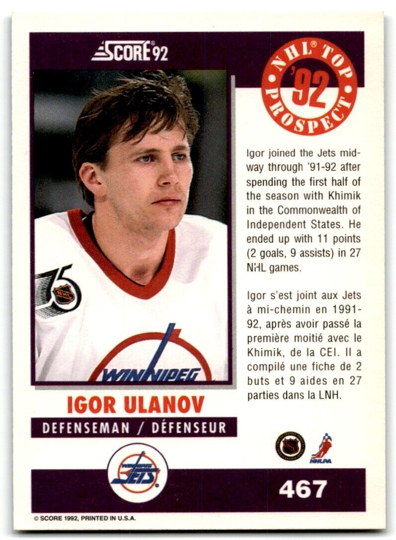 1992-93 Score Canadian Igor Ulanov Winnipeg Jets #467