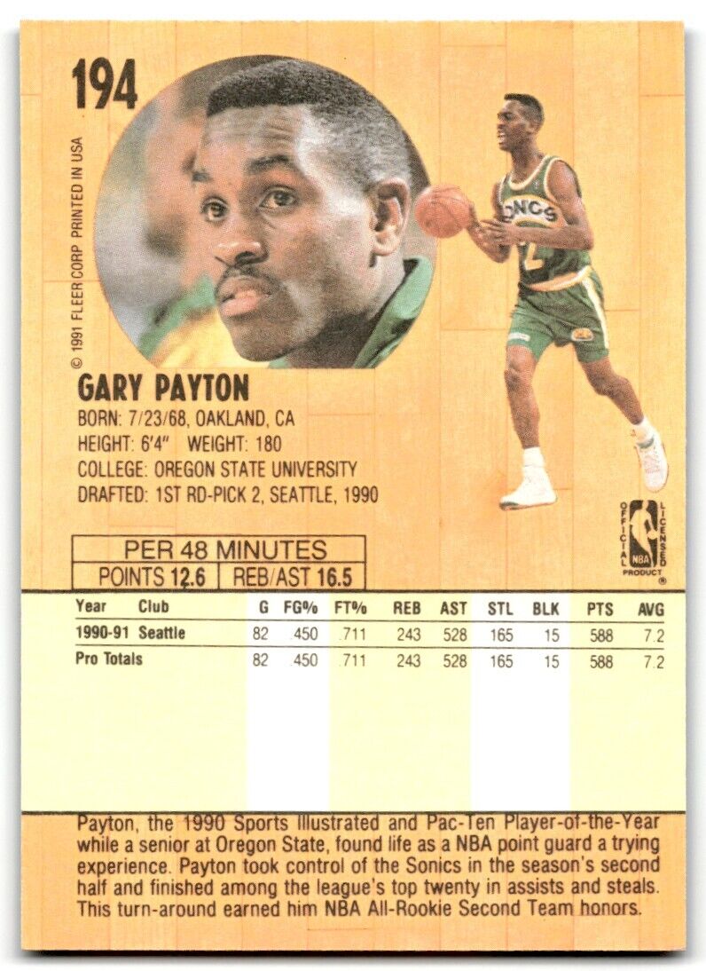 1991-92 Fleer Gary Payton Seattle SuperSonics #194