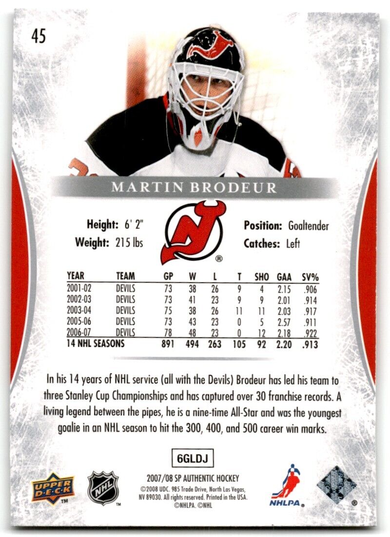 2008-09 SP Authentic Martin Brodeur New Jersey Devils #45