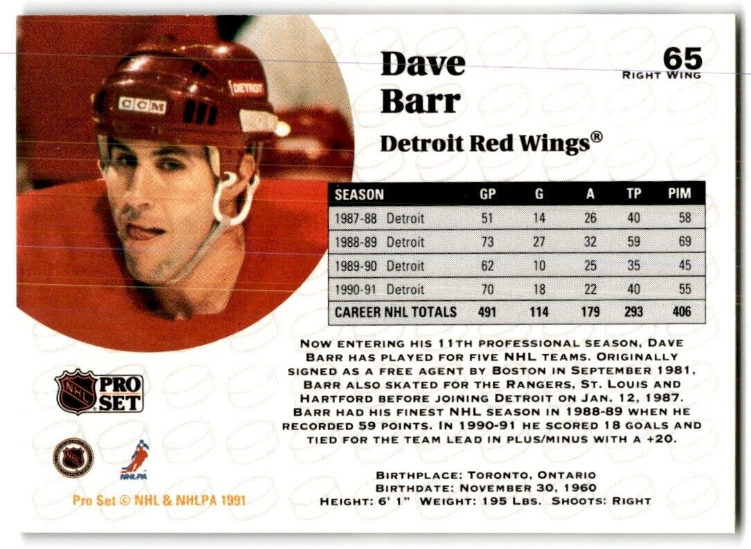 1991-92 Pro Set Dave Barr Detroit Red Wings #65