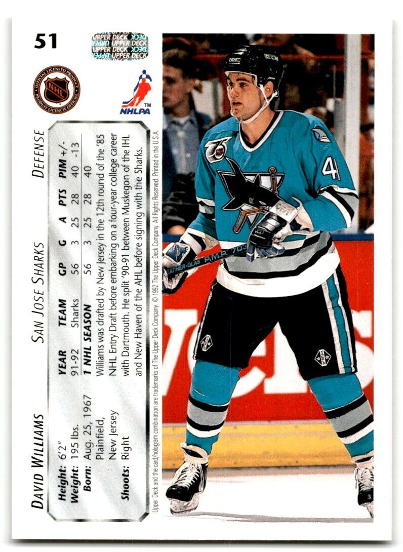 1992-93 Upper Deck David Williams San Jose Sharks #51