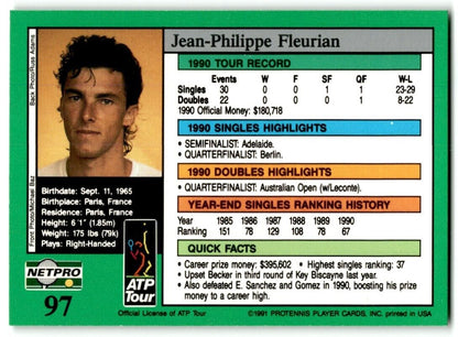 1991 Protennis player Cards Netpro Tour Star Jean-Philippe Flleurian #97