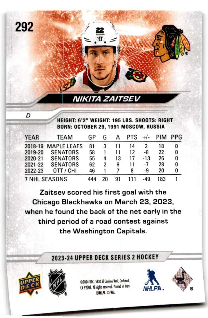 2023-24 Upper Deck Nikita Zaitsev Chicago Blackhawks #292