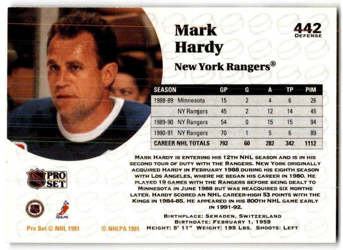 1991-92 Pro Set Mark Hardy New York Rangers #442