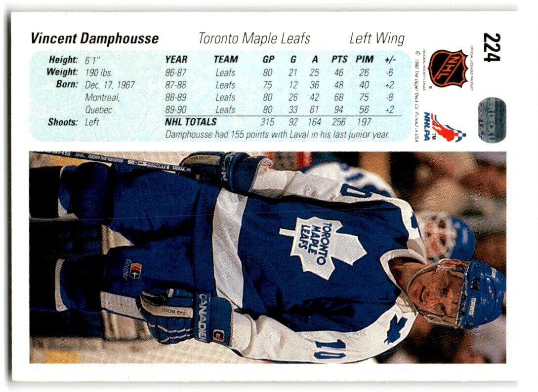 1990-91 Upper Deck Vincent Damphousse Toronto Maple Leafs #224